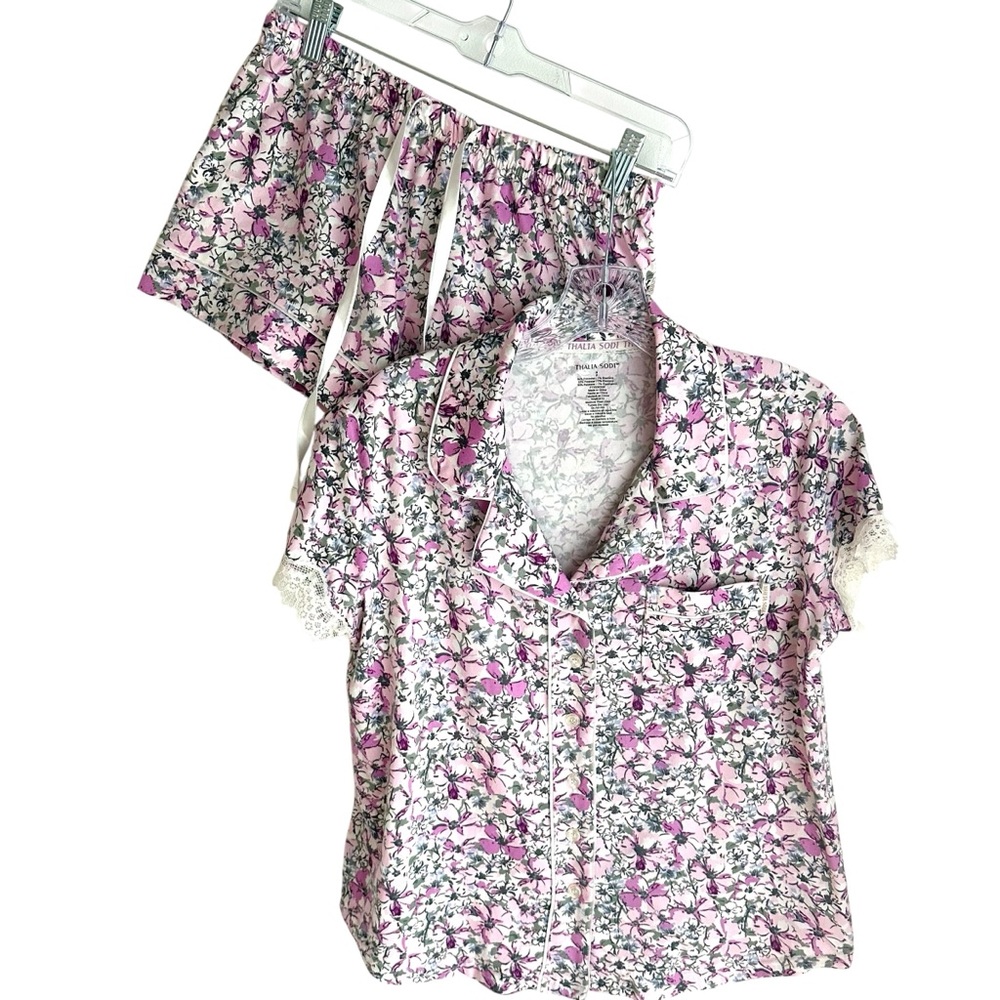 Thalia Sodi 2 Pc Short Pajama Set Pink Gray Floral Print Size Small